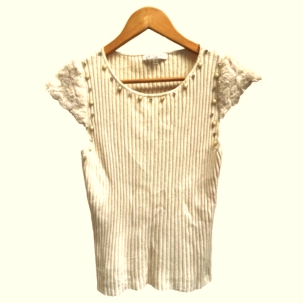 (M)🌺VTG🇮🇹SIONI MILANO🌺 Cream Ribbed Crotchet Cap Sleeve Jewelled Top